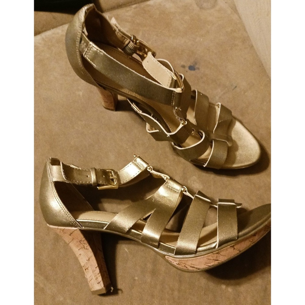 Naturalizer Dafny Gold‎ Strappy Cork High Heels, Size 7.5